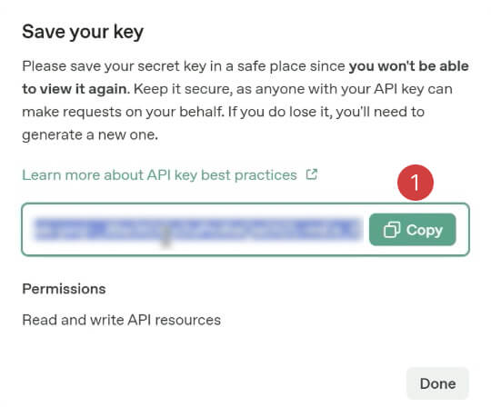 Kopieer de secret key uit OpenAI en plak deze in de instellingen van Platform Essentials
