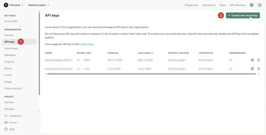 Creëer een secret key in je overzicht van API keys in OpenAI