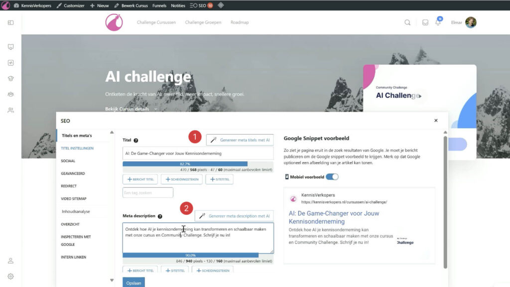 Bewerk je SEO titels en meta informatie in platform essentials met behulp van AI