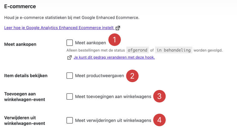 stel in welke ecommerce handelingen je wilt tracken in google analytics