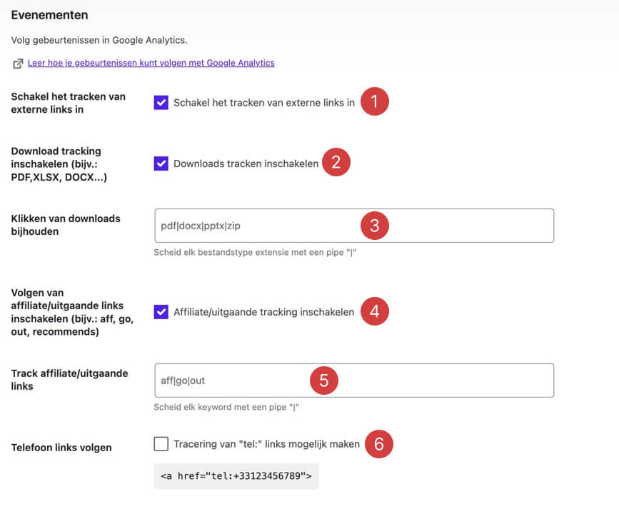 stel in welke evenementen op je website je wilt tracken in google analytics