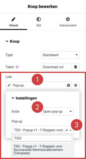 selecteer de pop-up als link voor de knop van de two step optin banner