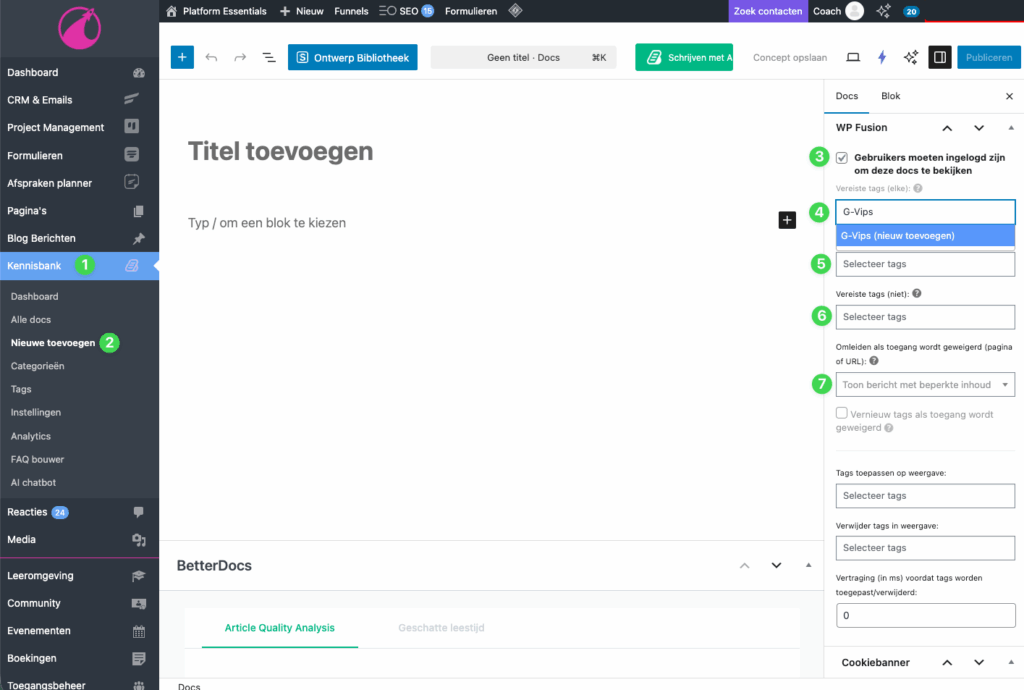 1 open of creeer een doc en pas de toegang aan