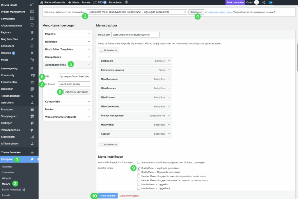 5 buddypanel en groepen buddypanel menu bewerken en menu items aanmaken